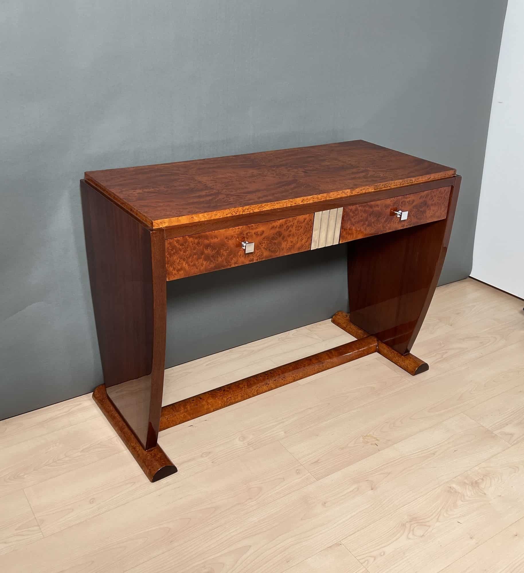 Console Table with Burl Veneer: Silver Inlay Wood Table
