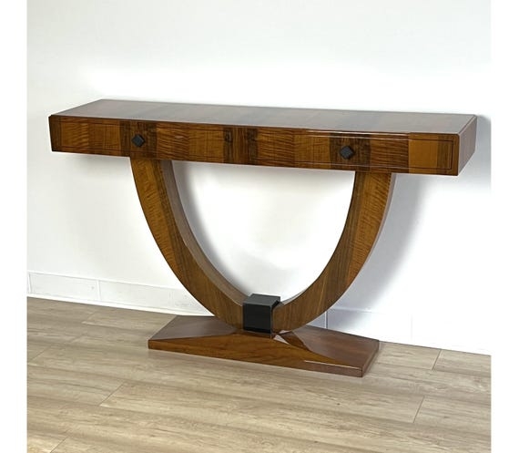 Console Table with Diamond Knobs: Art Deco Walnut Console