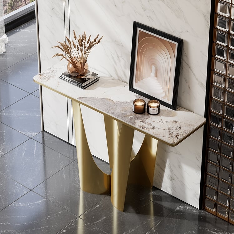 Console Table with Veined Stone Top: Sculptural Gold Console Table