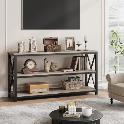 Console Table X Frame Sides Three Tier Gray Wood Media Shelf