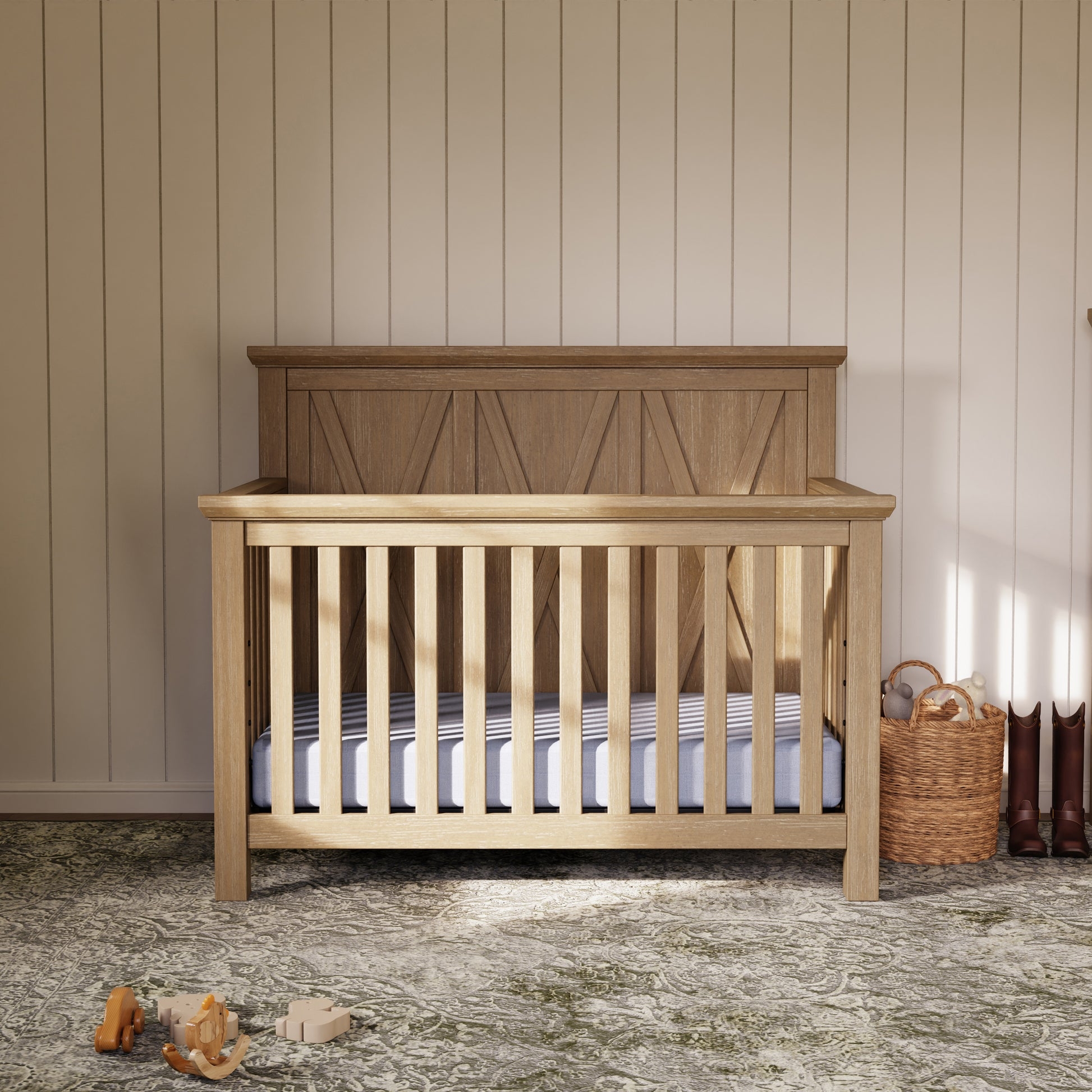 Convertible Crib in Honey Oak, Barn Door Headboard Styling