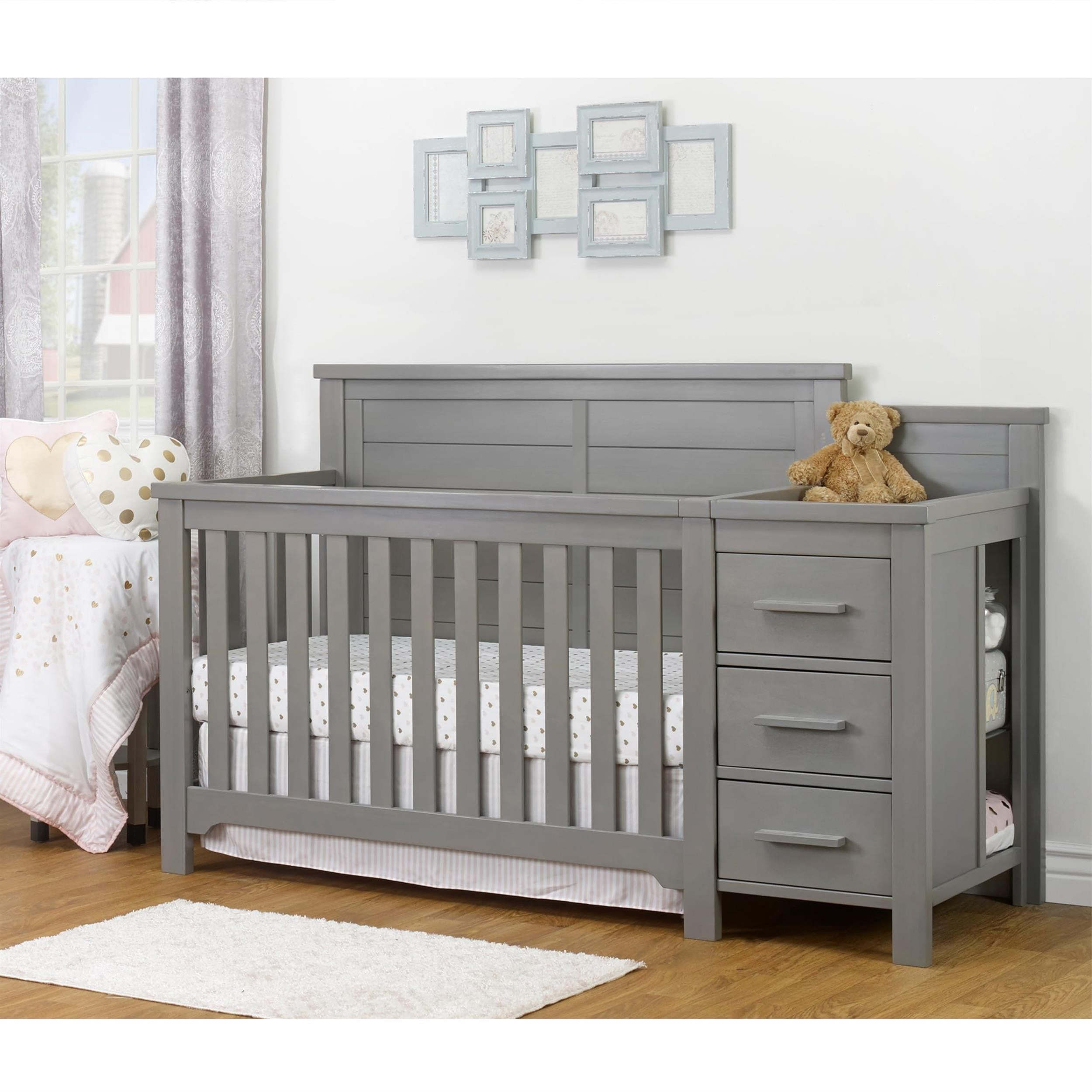 Convertible Crib with Integrated Changer and Weathered Gray