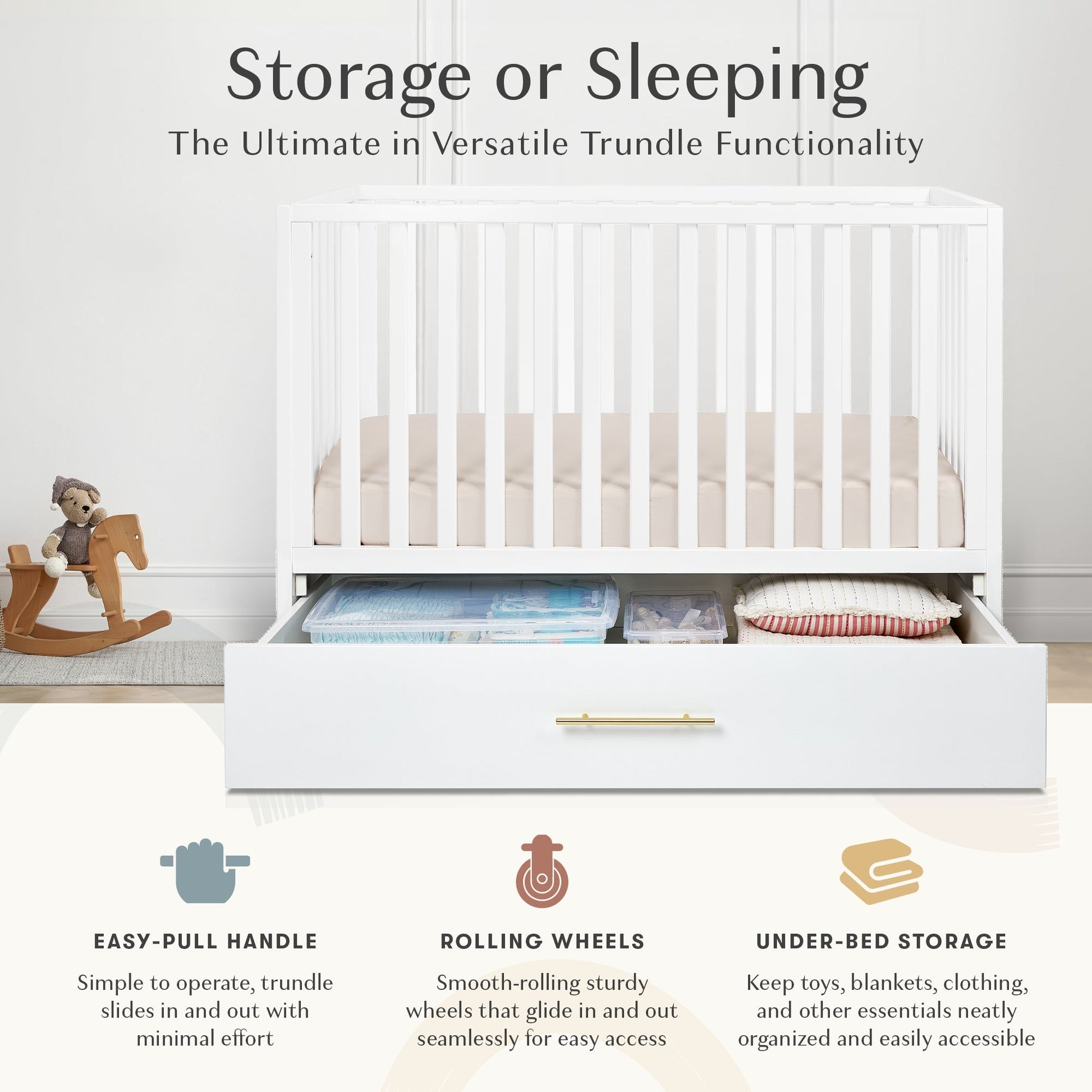 Convertible Crib with Integrated Trundle and Gold Hardware
