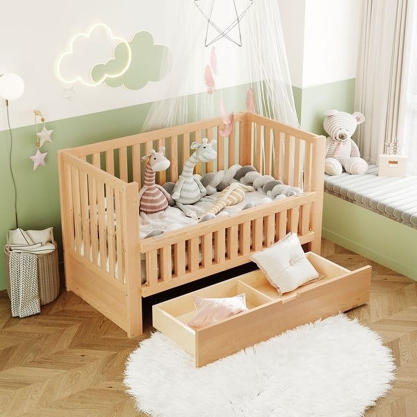 Convertible Crib with Under-Crib Storage and Natural Wood Drawer