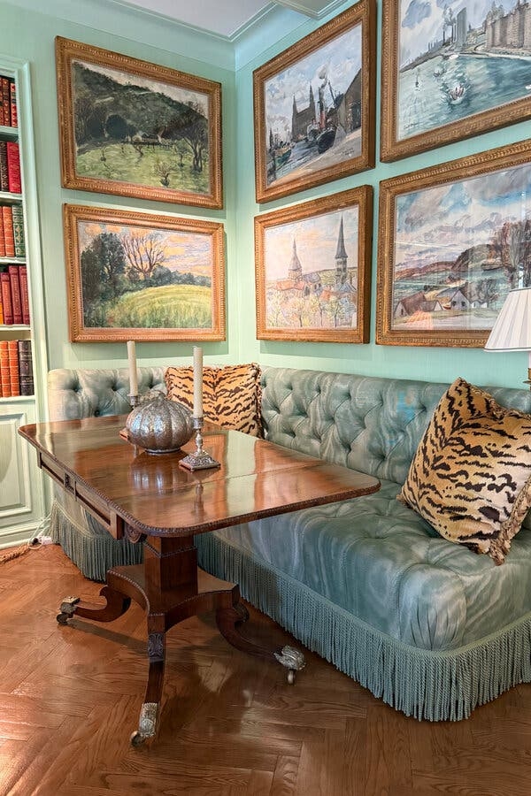 Corner Banquette in Seafoam Green with fringed banquette seating