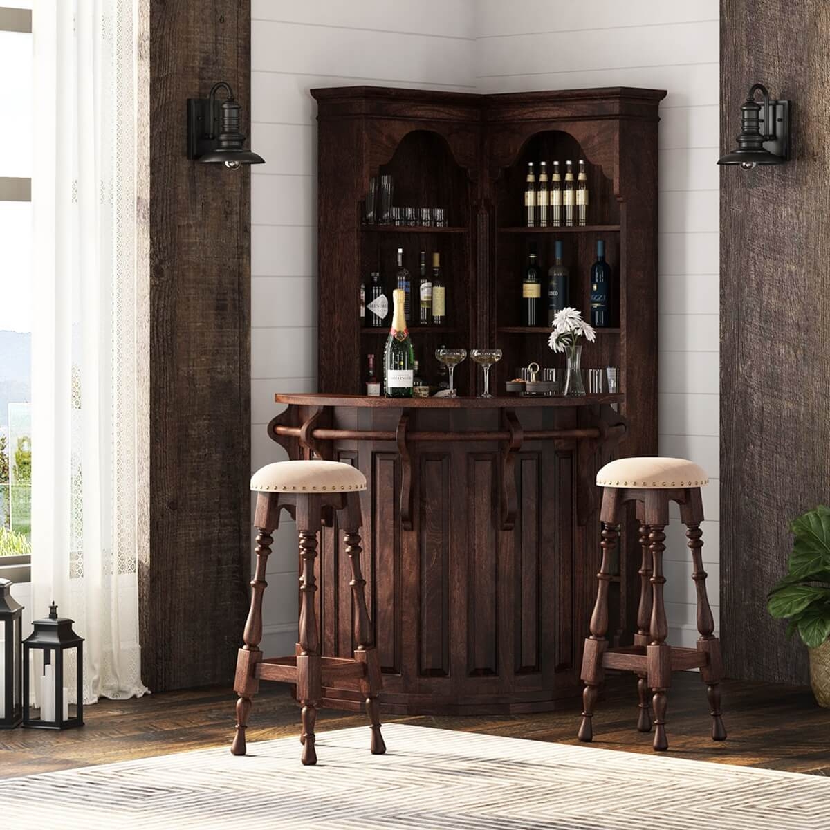 Corner Bar Set with Arched Back Unit and Traditional Wood Design