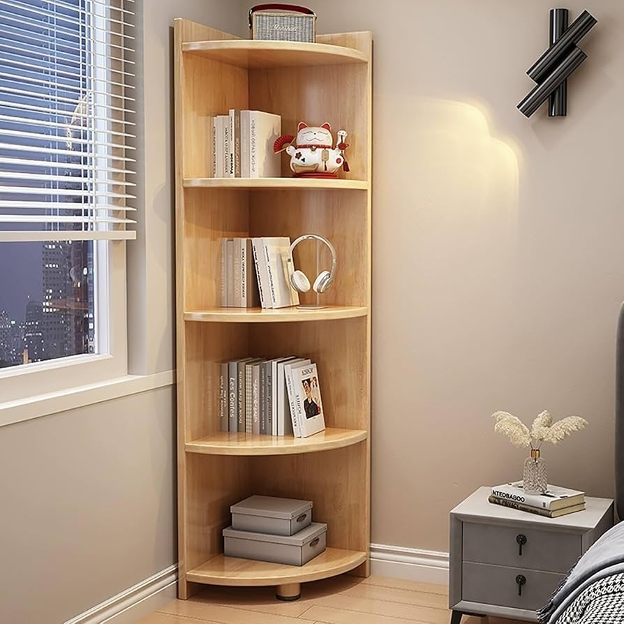 Corner Bookshelf Five Tier Storage with Curved Front