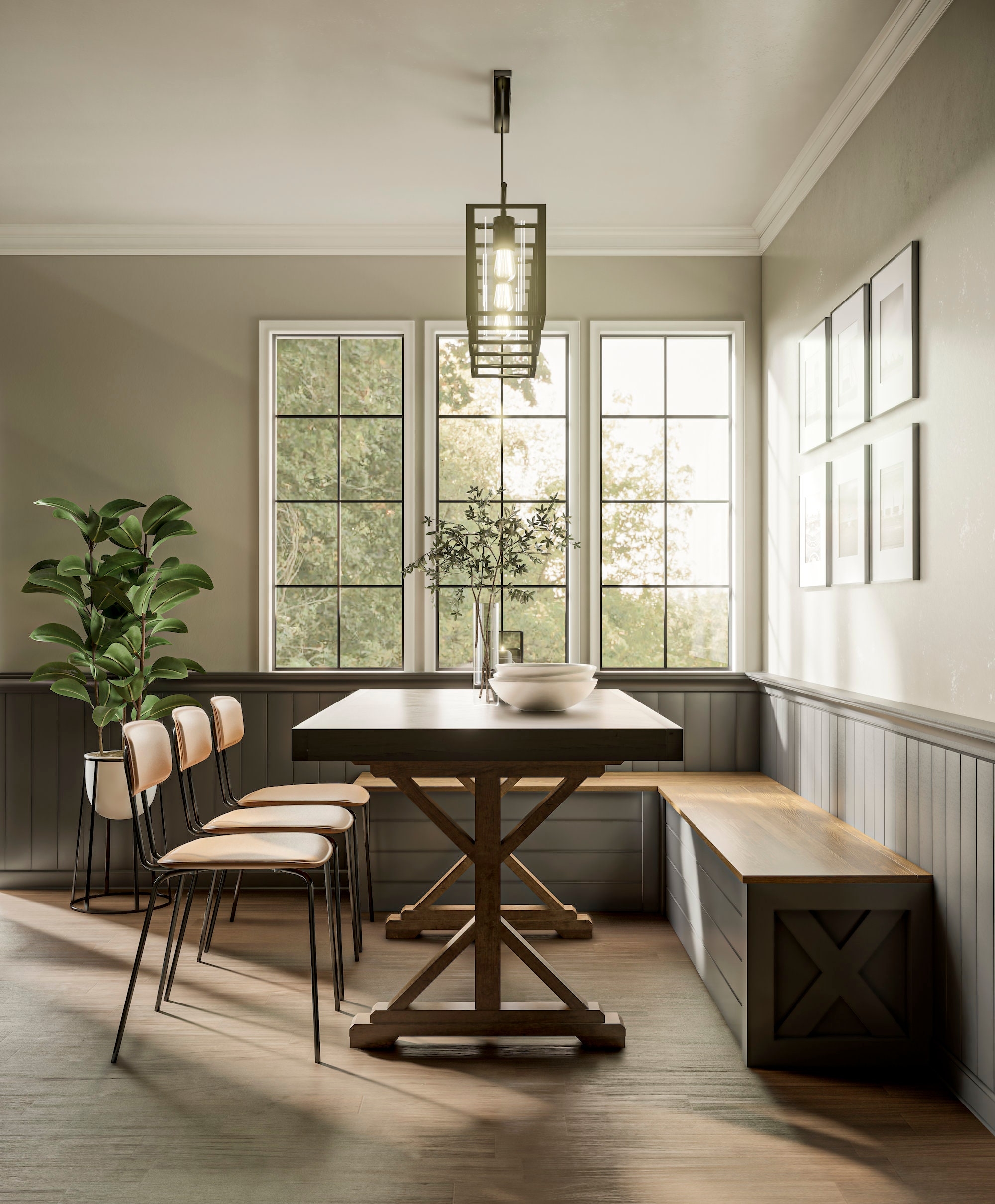 Corner Dining Nook: Shiplap Texture Modern Farmhouse Dining Nook