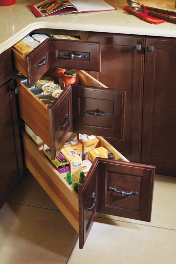 Corner Drawer Base | Three Tier Storage | Walnut V-shaped Fronts
