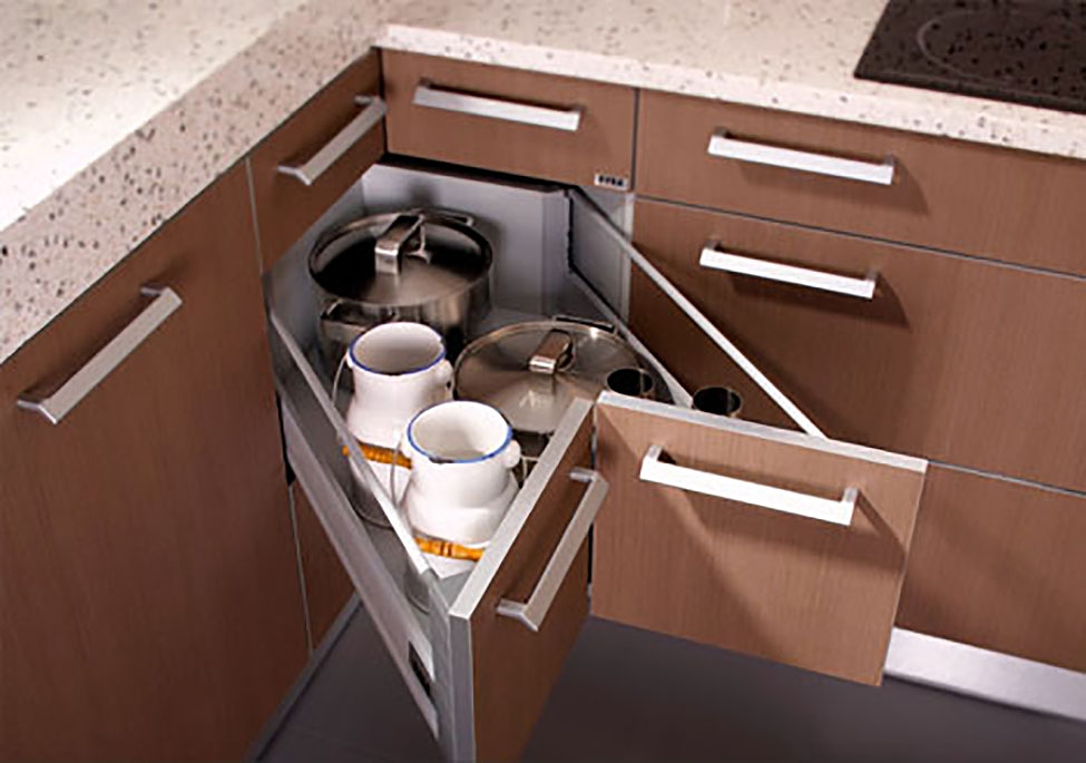 Corner Drawer | L-shaped Front | Blind Corner Storage Ideas