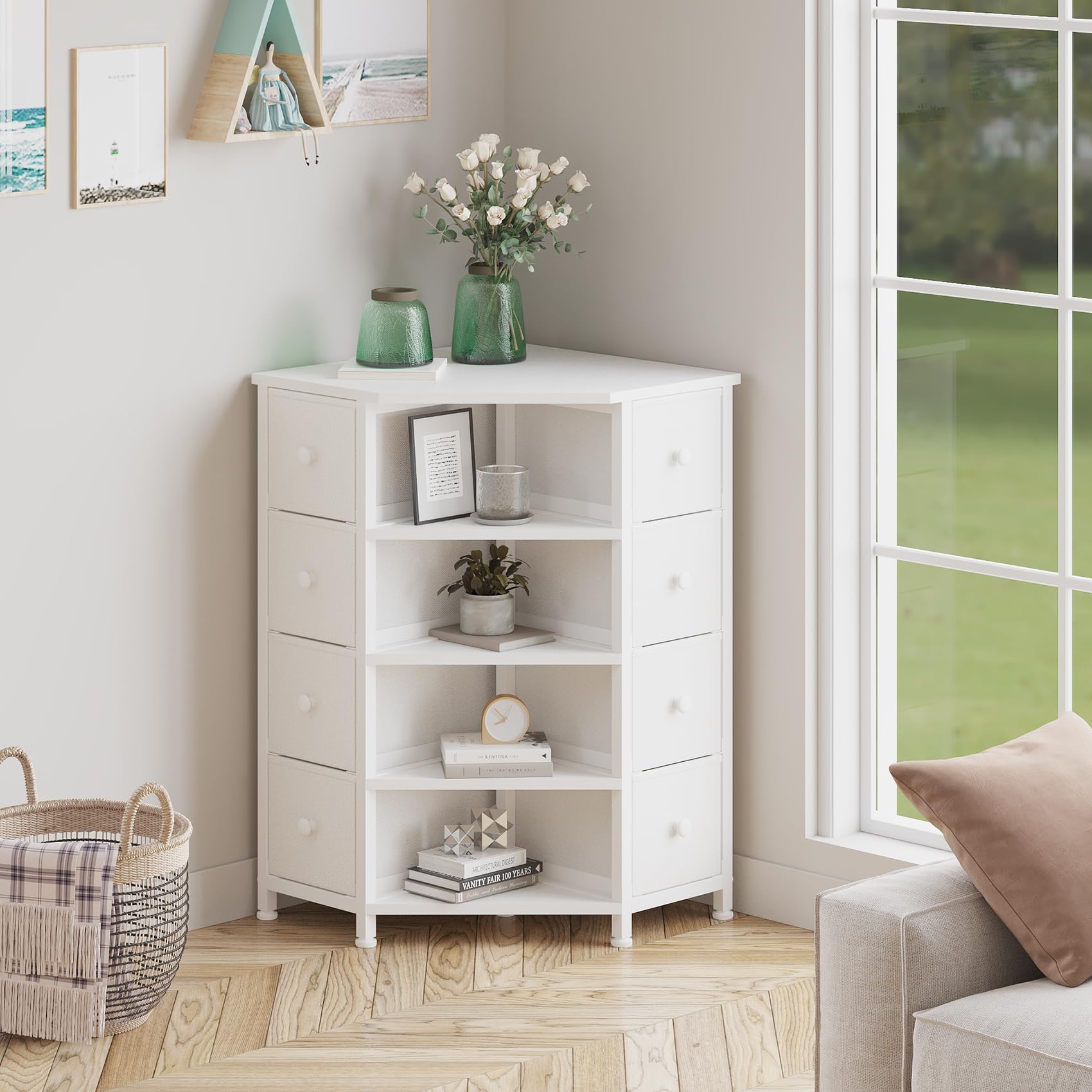 Corner Dresser | Eight Fabric Drawers | White Small Space Storage