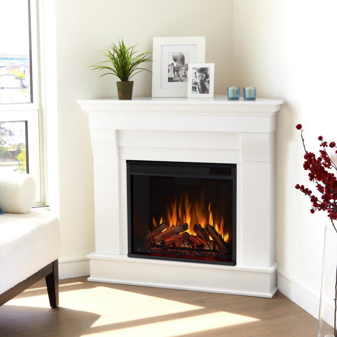Corner Electric Fireplace Crisp White Tiered Mantel Detail