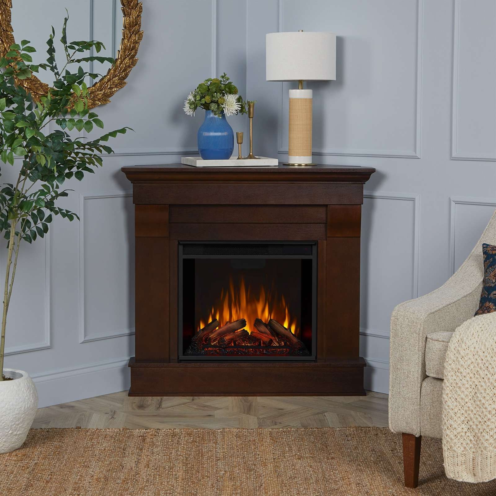 Corner Electric Fireplace Espresso Mantel Shelf and Flames