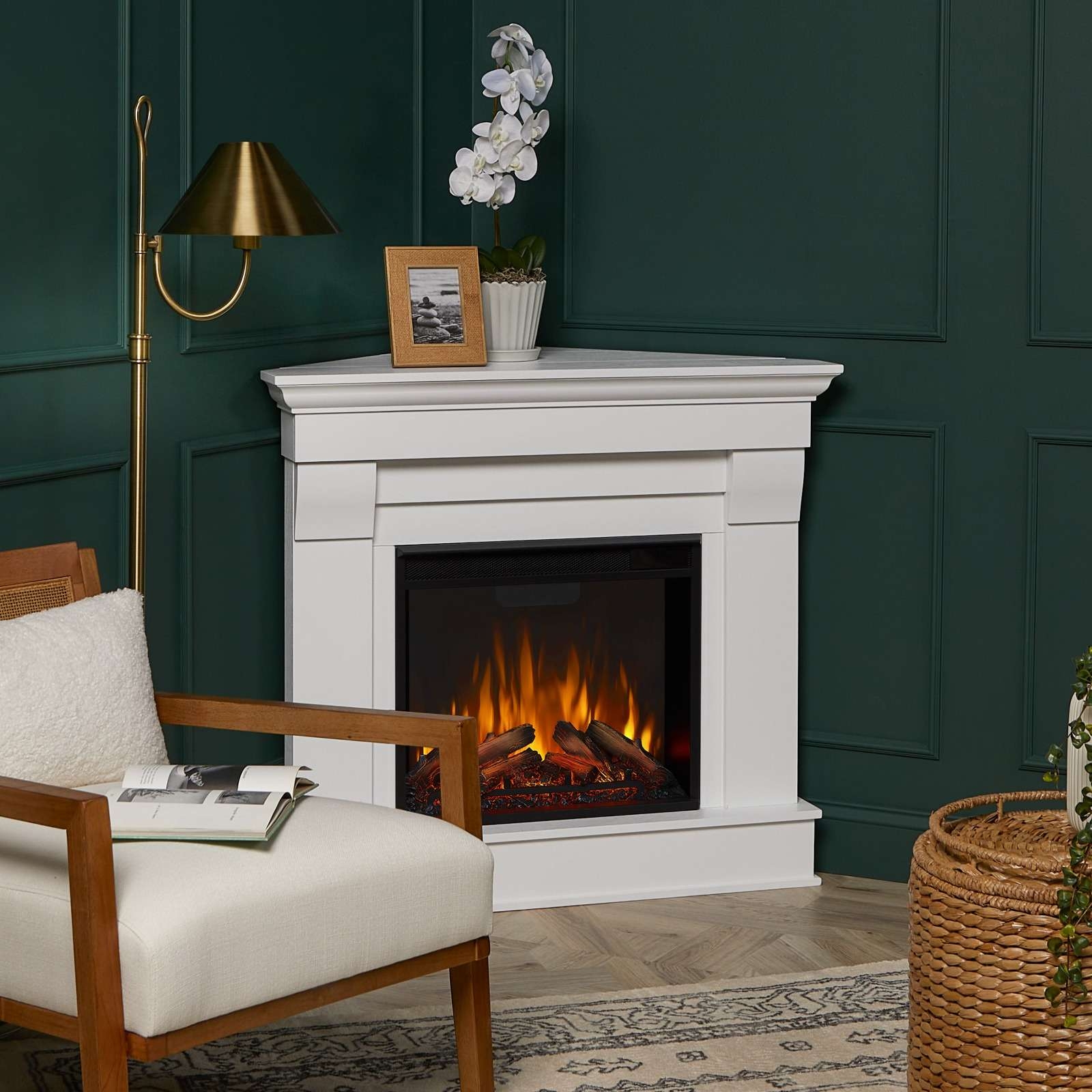 Corner Electric Fireplace Matte White Small Space Heater