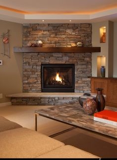 Corner Fireplace Beige Stacked Stone Transitional Styling