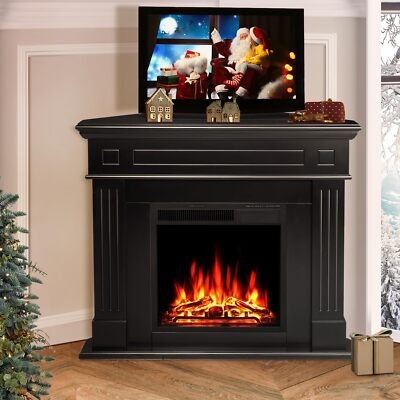 Corner Fireplace Black Fluted Columns Realistic Flame Stand