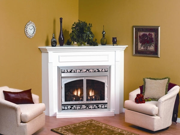 Corner Fireplace Bright White Scrolling Leaf Trim Mantel