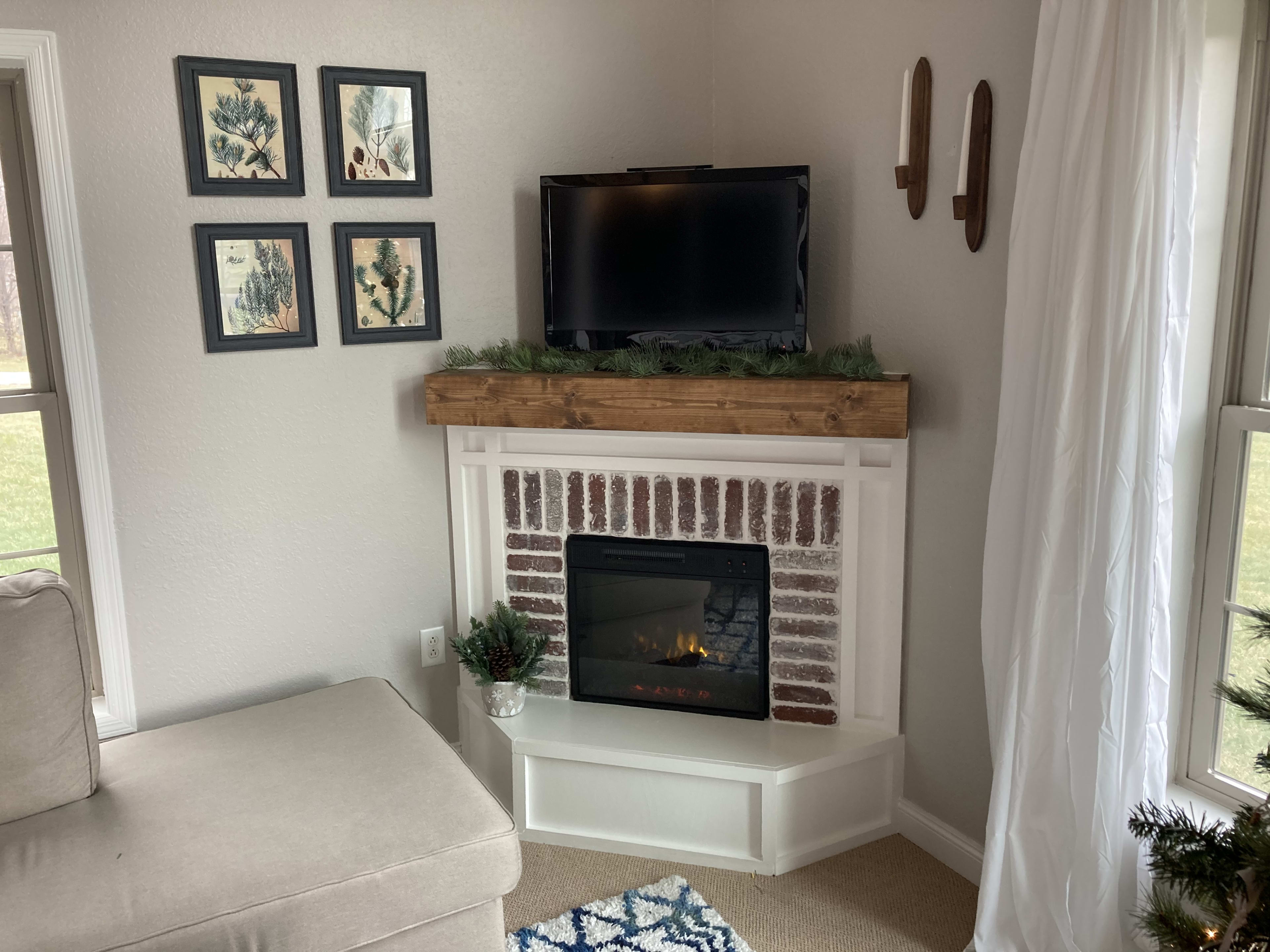 Corner Fireplace Faux Brick Surround Thick Wood Mantel