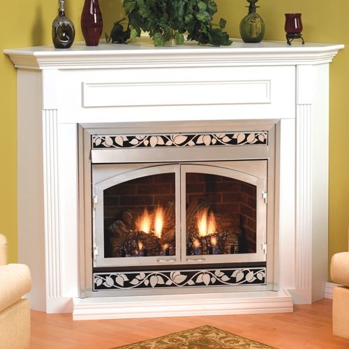 Corner Fireplace Mantel Cabinet With Leaf Scrollwork and Pilasters