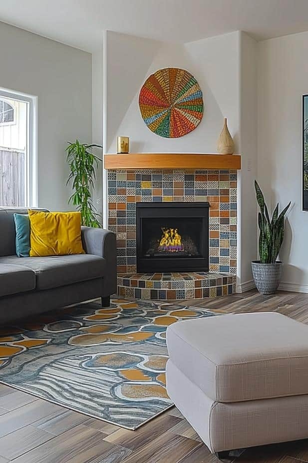 Corner Fireplace Multi-Tonal Tile With Woven Wall Decor