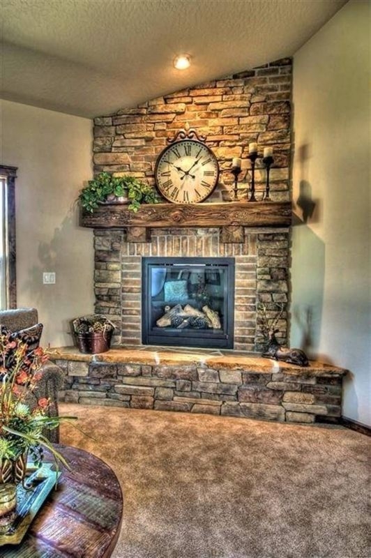 Corner Fireplace Rustic Stone Design with Timber Mantel