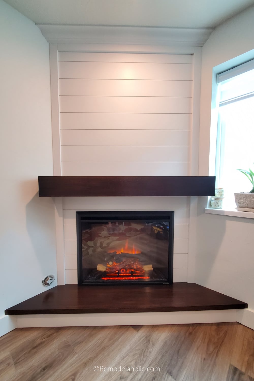Corner Fireplace Shiplap Surround Thick Wood Mantel