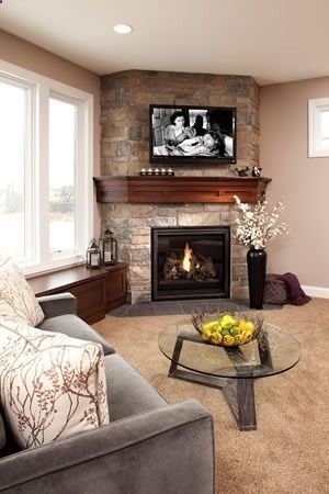 Corner Fireplace Stone Veneer Cherry Cozy Hearth Room