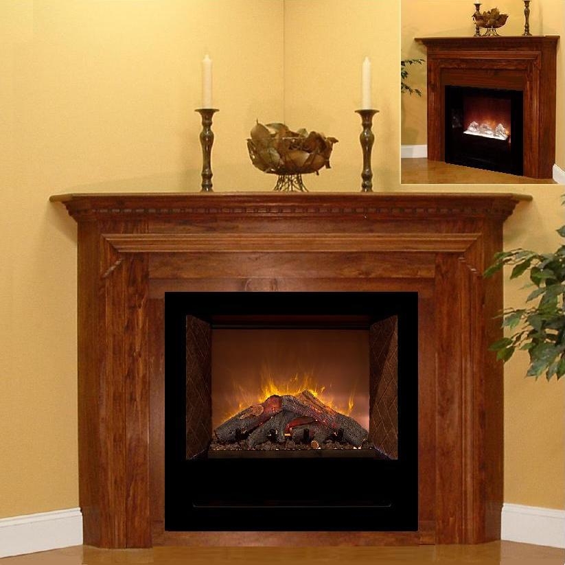 Corner Fireplace Walnut Brown Tiered Top Mantel Ideas