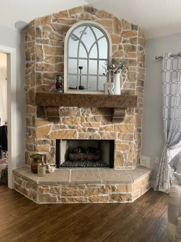 Corner Fireplace Warm Tan Arched Mirror Farmhouse Decor