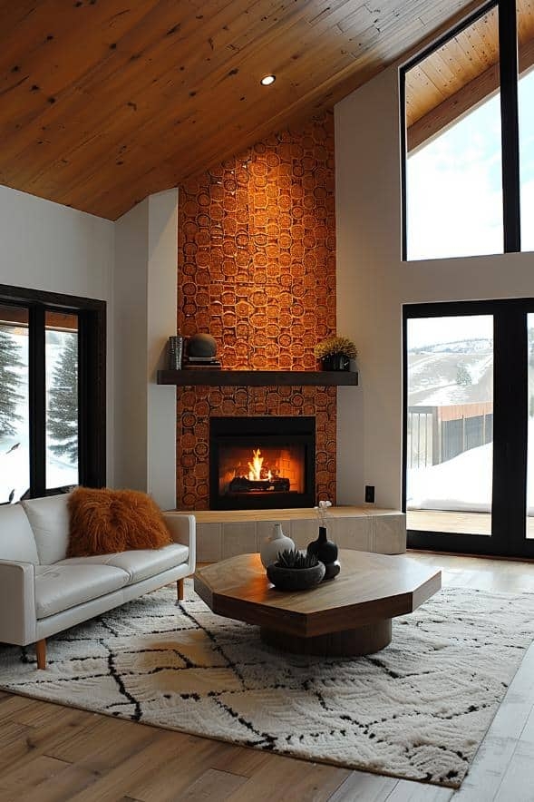 Corner Fireplace Warm Wood Log End Modern Rustic Hearth