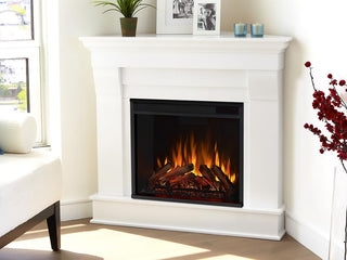 Corner Fireplace White Mantel With Realistic Log Heater