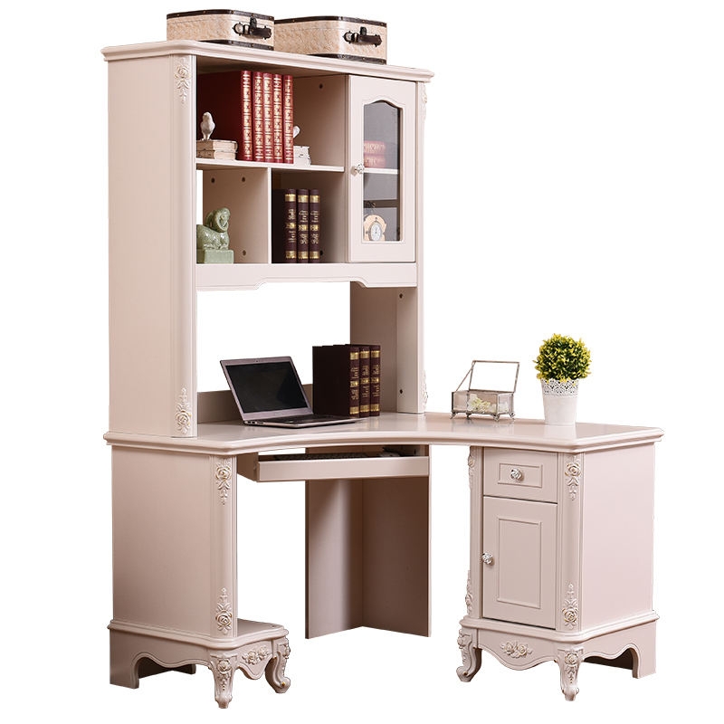 Corner Hutch Desk: L-Shaped Desktop with Floral Carvings