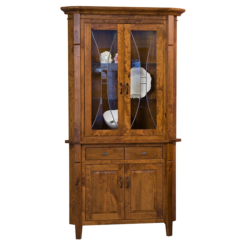 Corner Hutch: Rustic Honey Wood Hutch and Glass Muntins