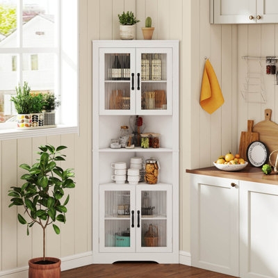 Corner Hutch: White Ribbed Glass Door Hutch Kitchen Storage