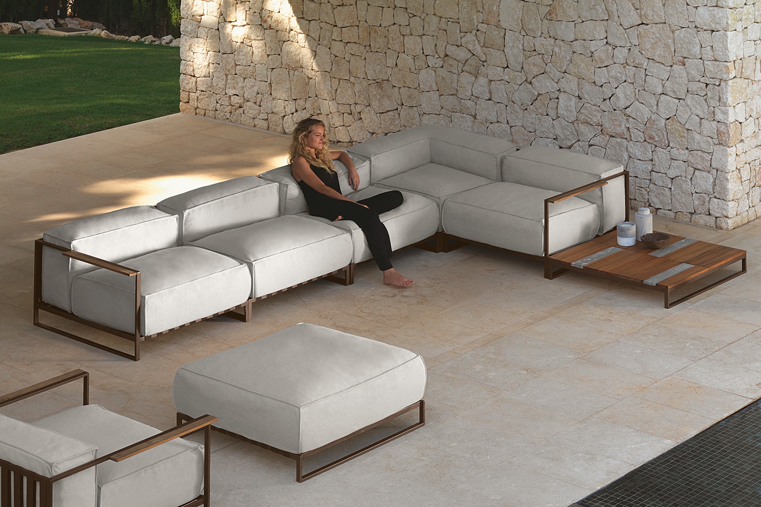 Corner Sectional Sofa featuring Wooden Slat Armrests for Patios