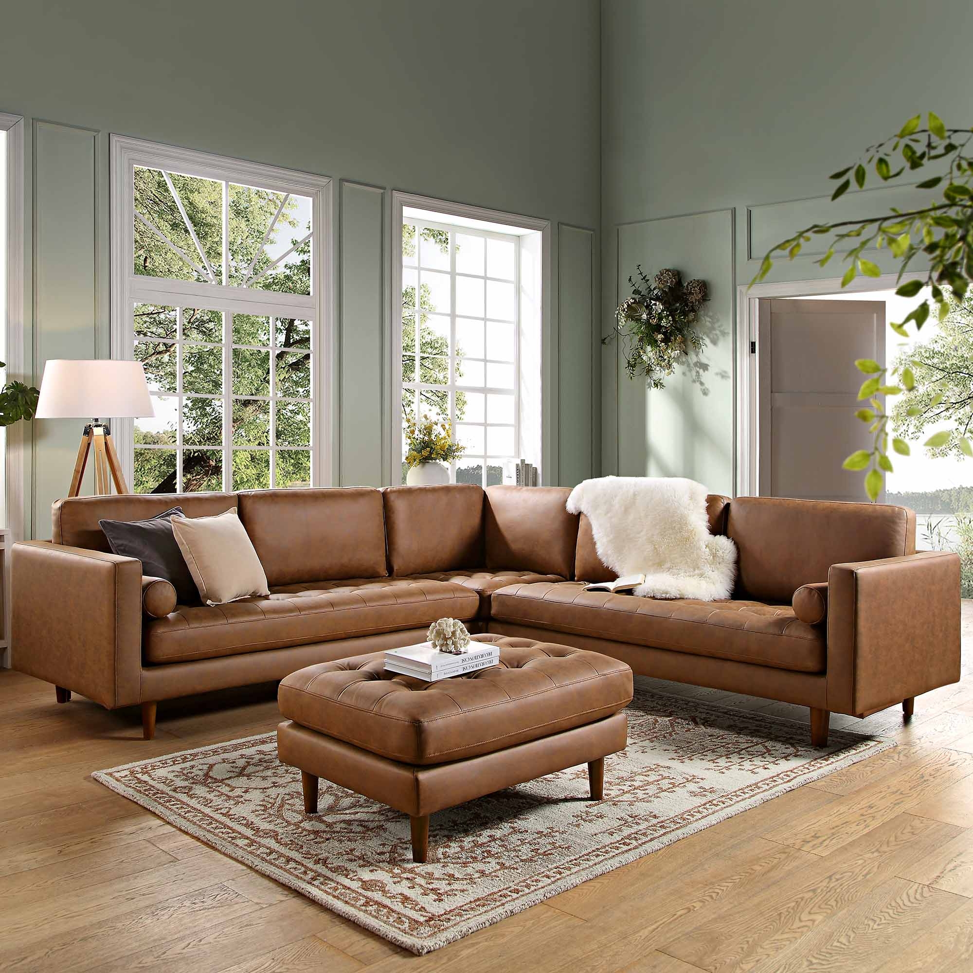 Corner Sectional with Tufted Seat and Matching Tan Ottoman