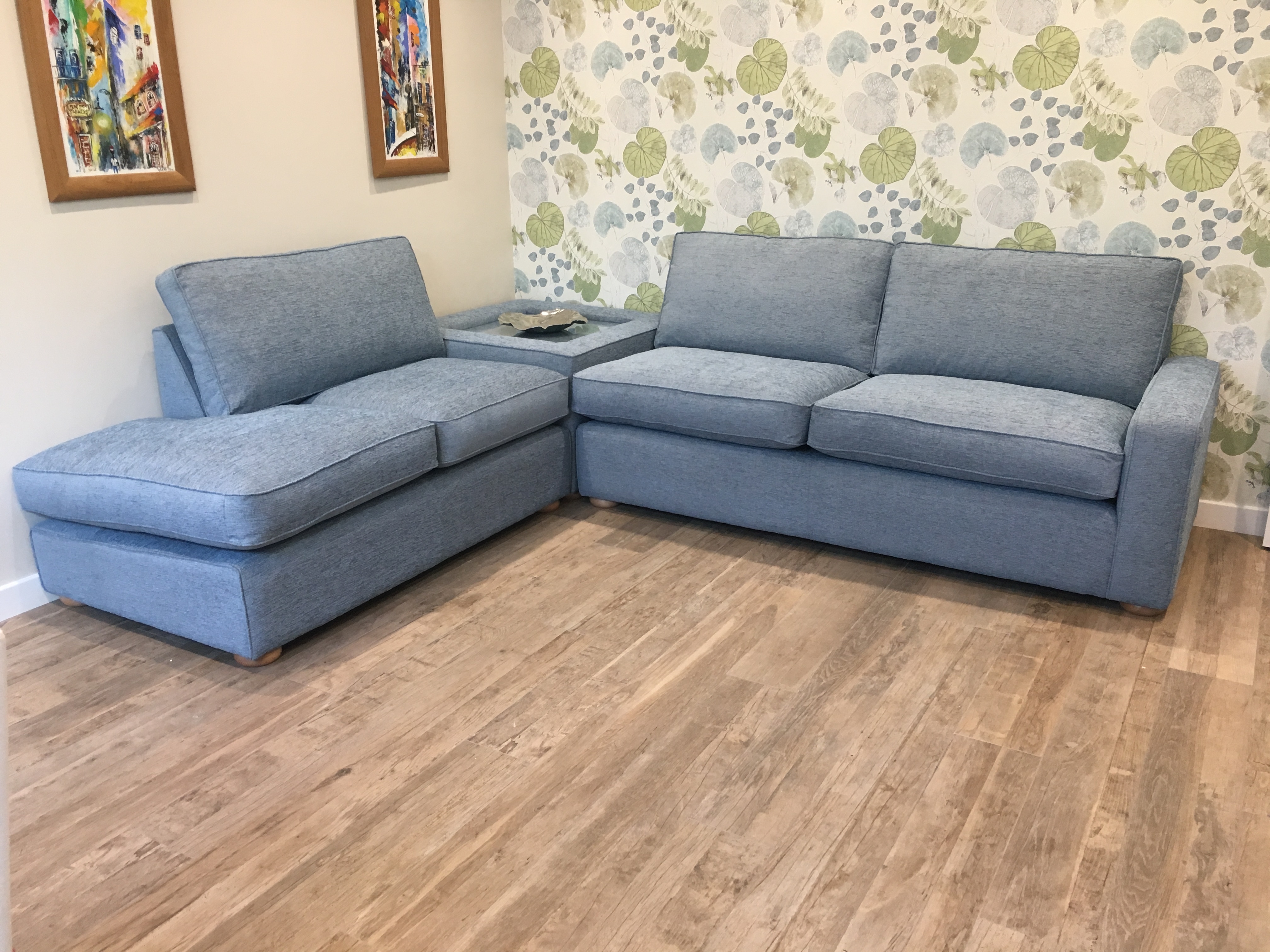 Corner Sofa with Integrated Corner Table in Powder Blue