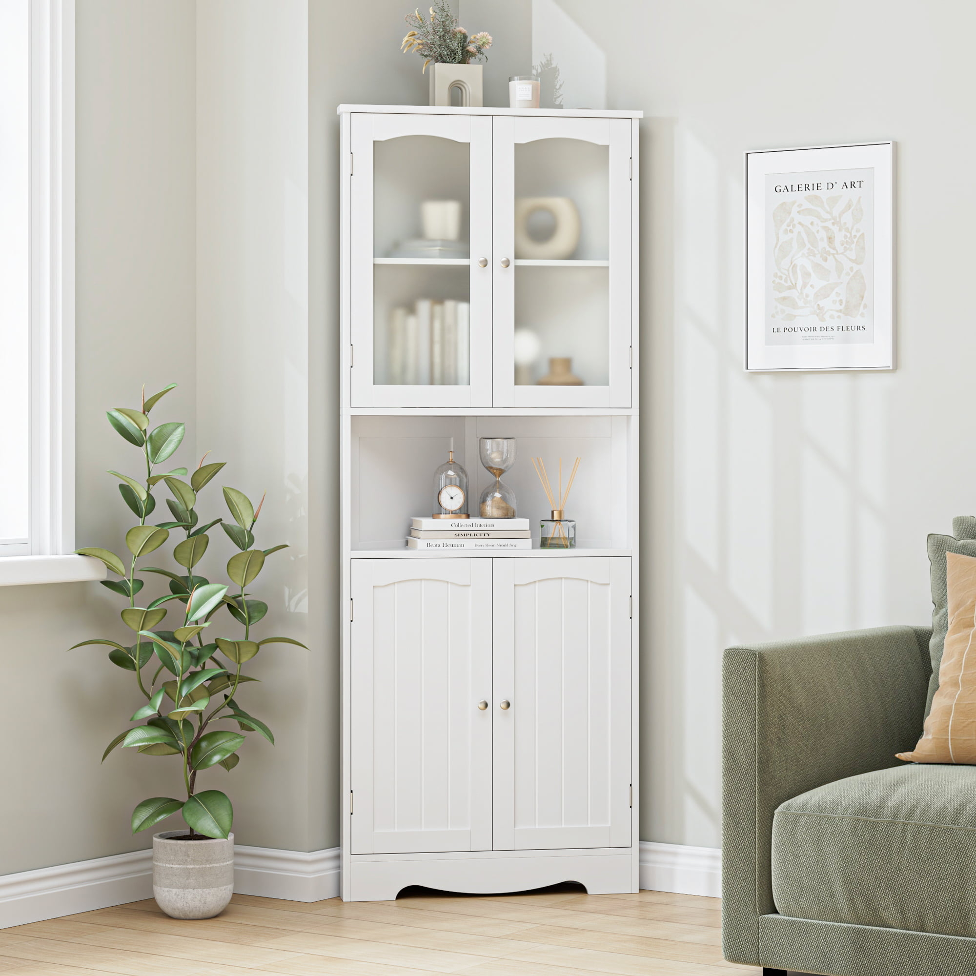 Corner Storage Cabinet: White Arched Glass Door Cupboard