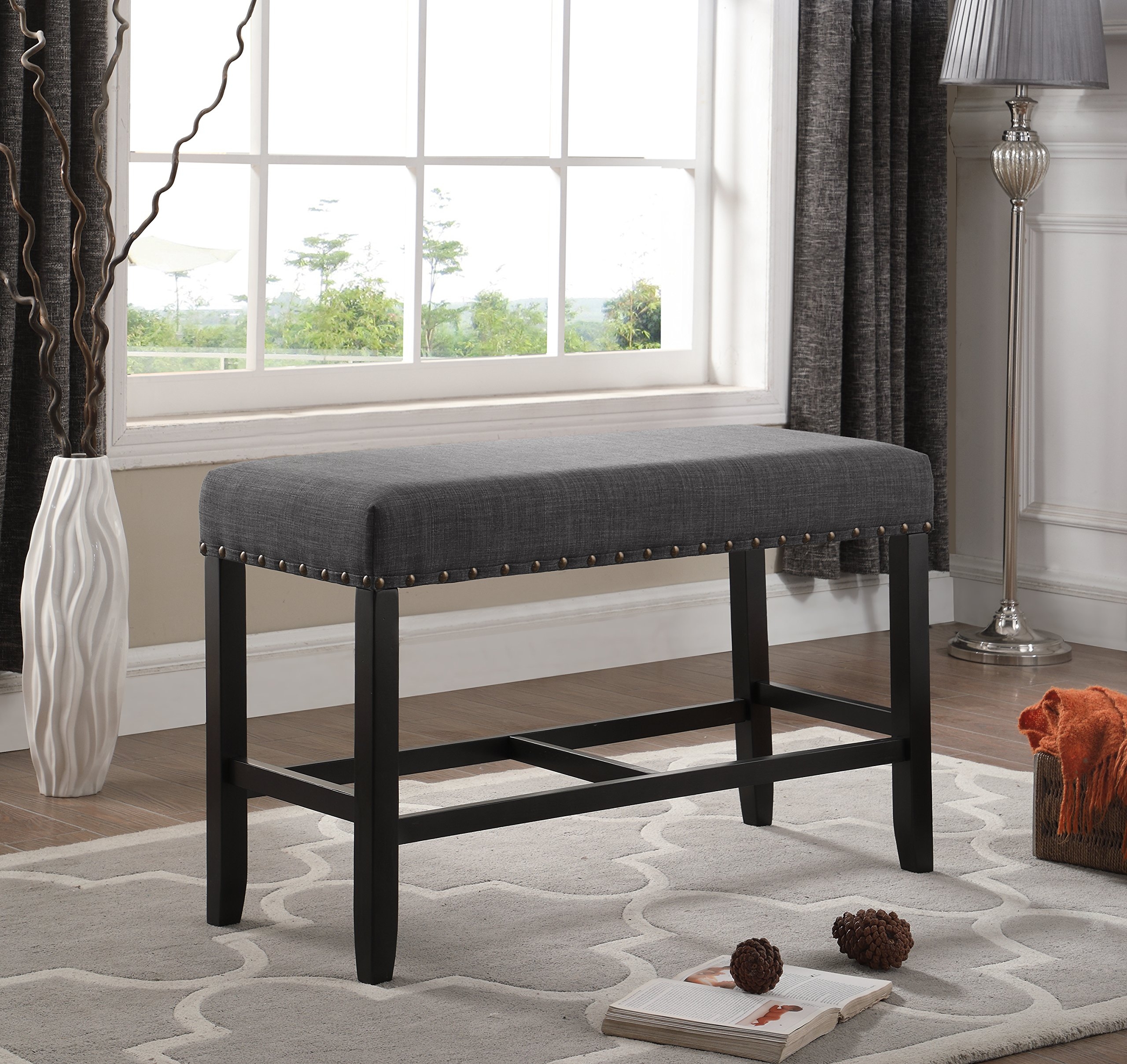 Counter Height Bench with Heathered Fabric and Nailheads