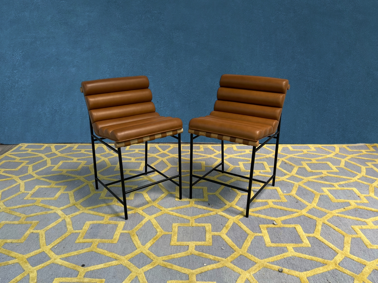 Counter Stool Cognac Leather Like Channel Tufted Seat