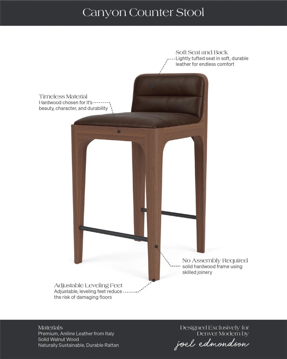 Counter Stool in Aniline Leather and Solid Walnut Frame