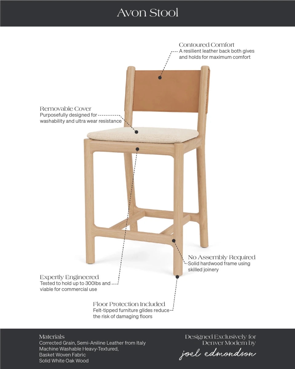 Counter Stool Solid White Oak with Washable Seat Cover
