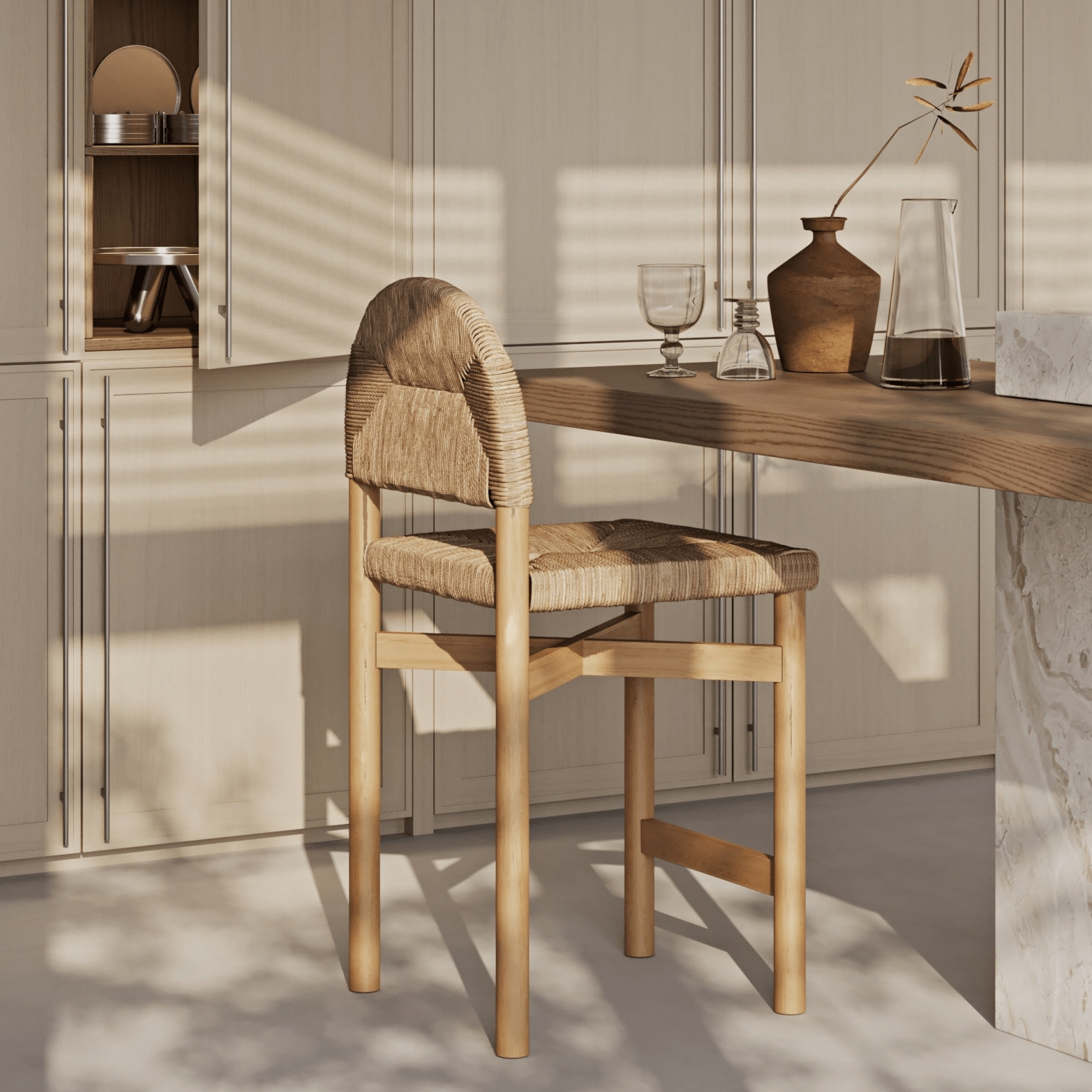 Counter Stool Teak Frame Arched Silhouette Teak Barstool
