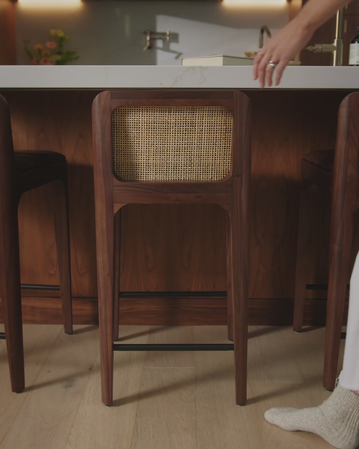Counter Stool with Cane Back Inlay and Dual Footrests
