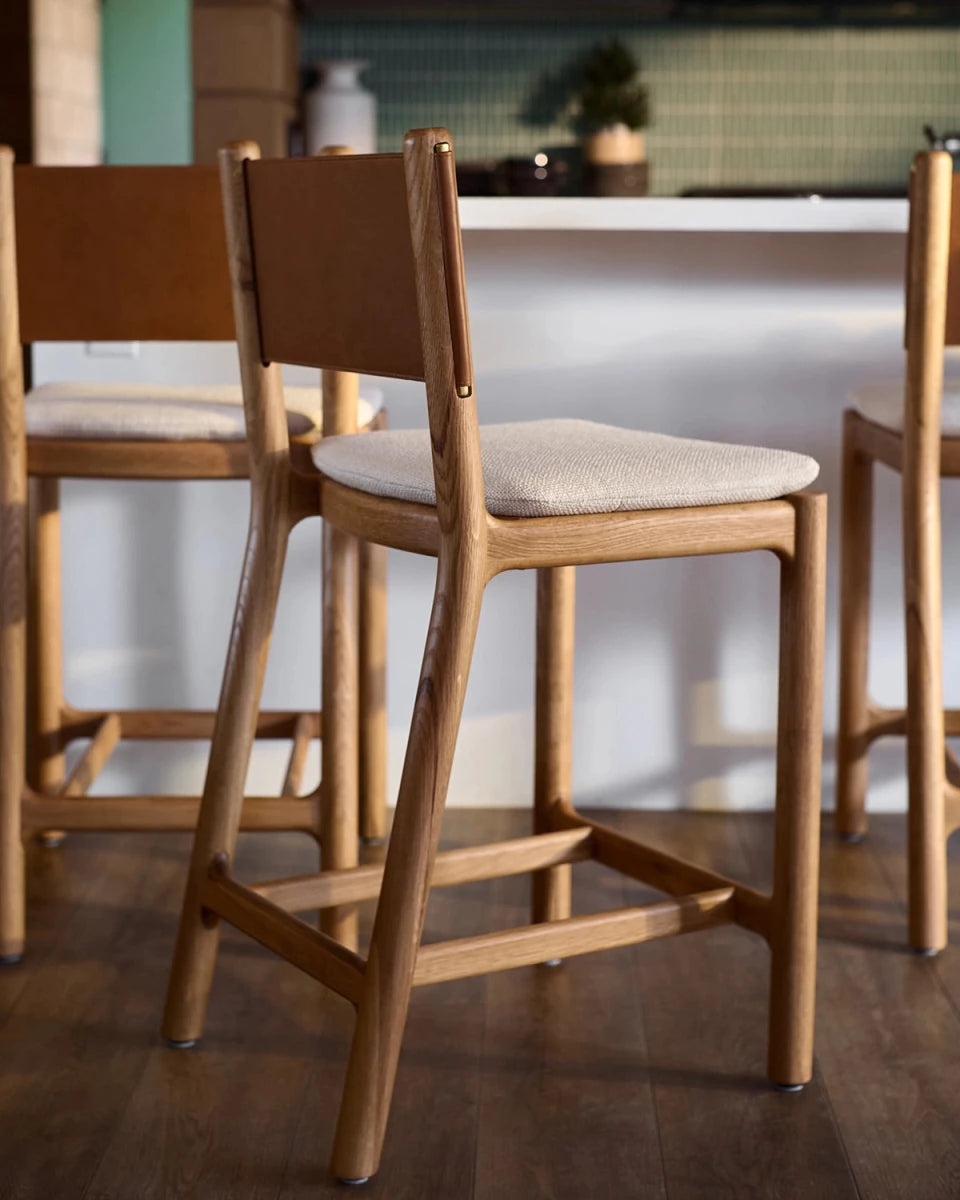Counter Stool with Leather Backrest and Tapered Oak Legs
