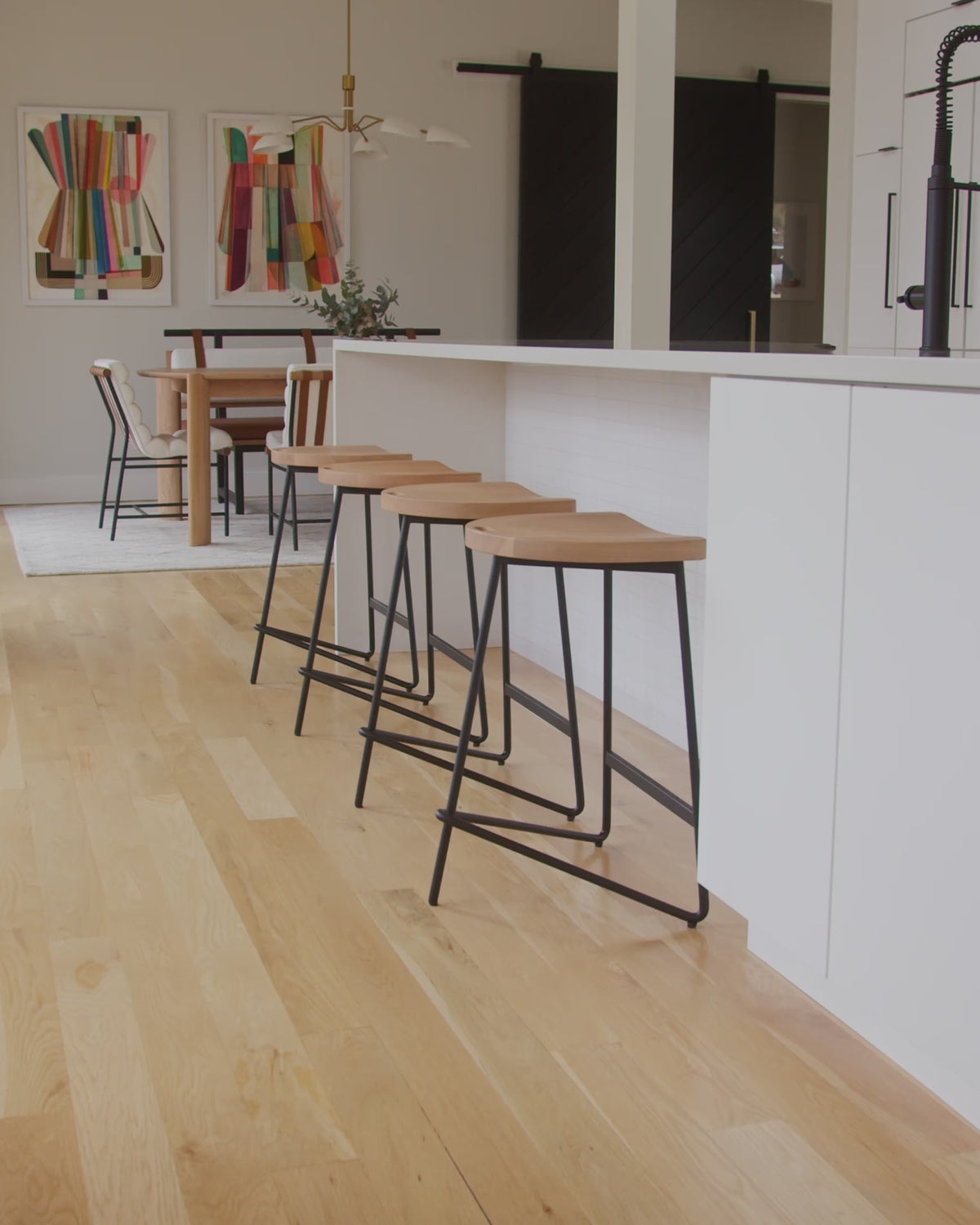 Counter Stool with Tripod Base and Curved Wood Seat
