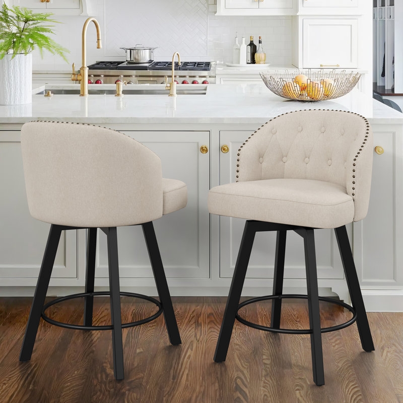 Counter Stool with Tufted Backrest and Matte Black Metal Legs