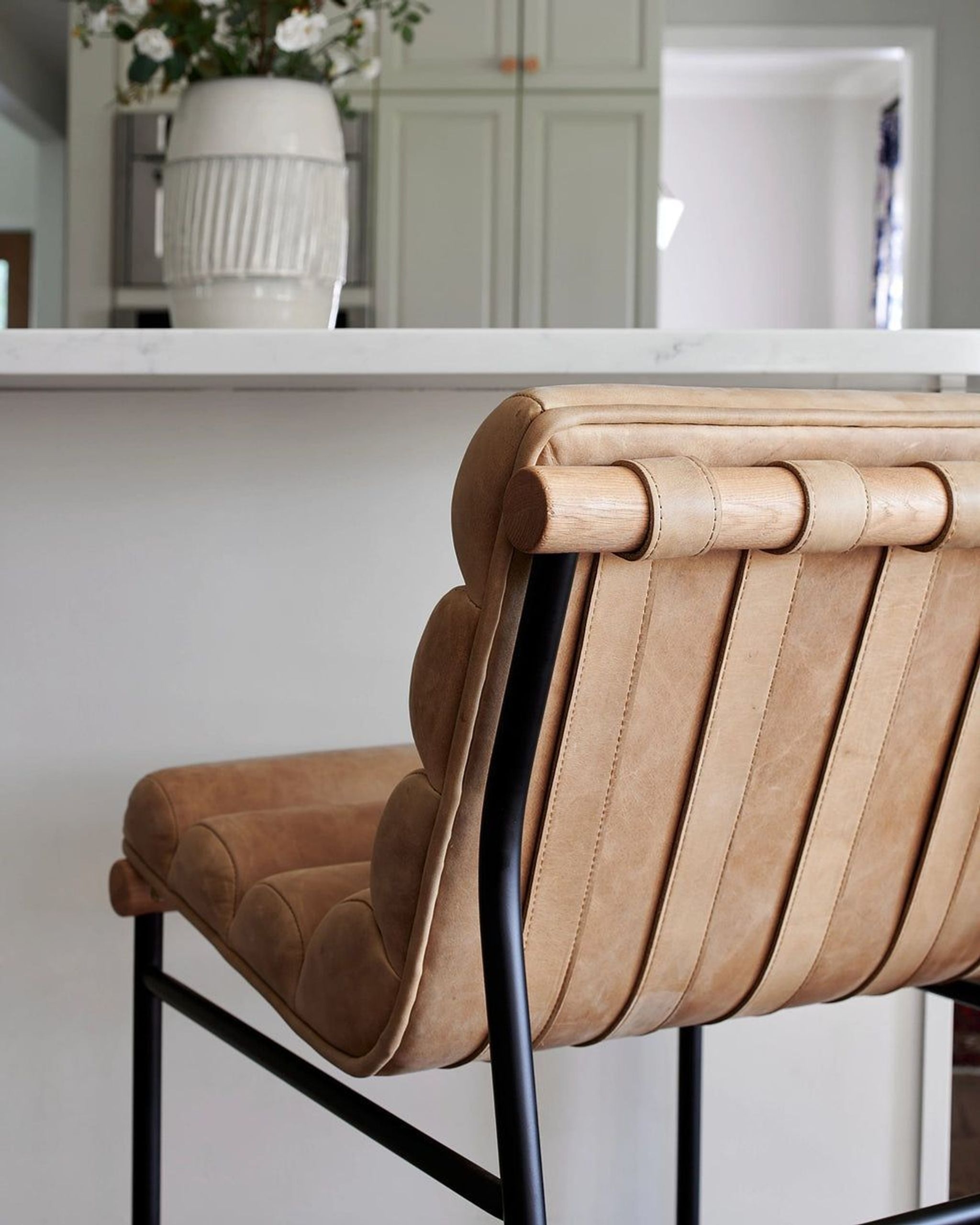 Counter Stool with Wood Dowel Back and Leather Straps