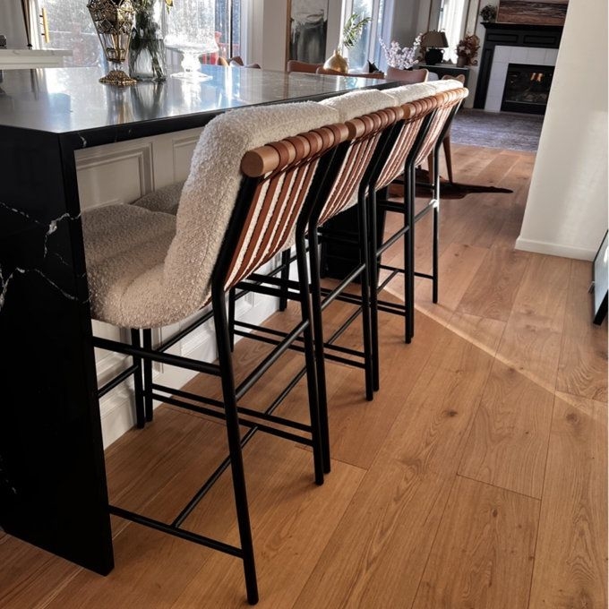 Counter Stool Wood Toned Back Rail and Boucle Fabric