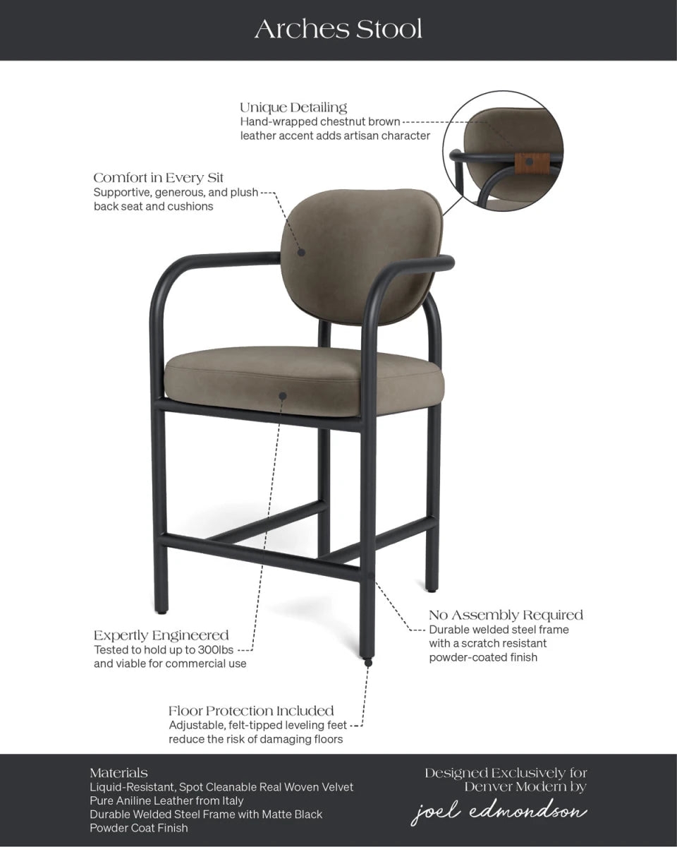 Counter Stool Woven Velvet and Arched Arm Design